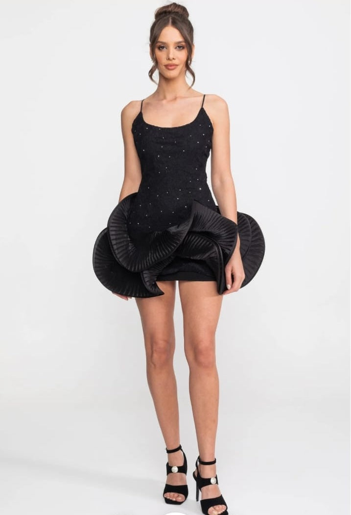 Babydoll Mini Dress With Sparkling Embellishments And Ruffled Peplum Skirt - Black