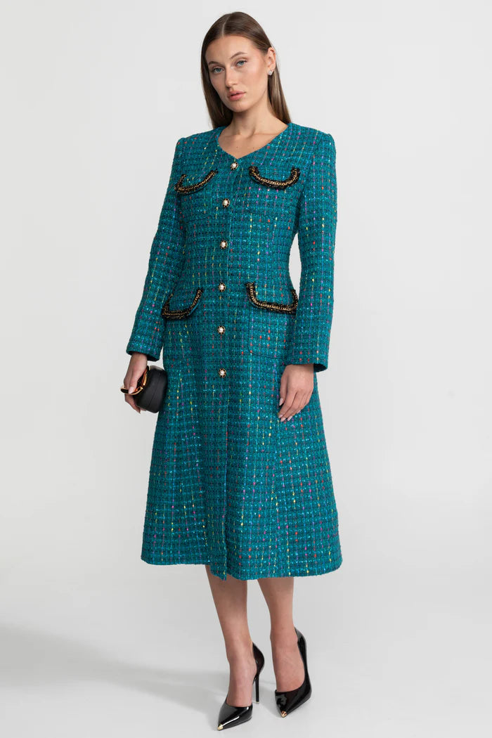 Embellished Tweed Midi Dress With Structured Shoulders – Teal