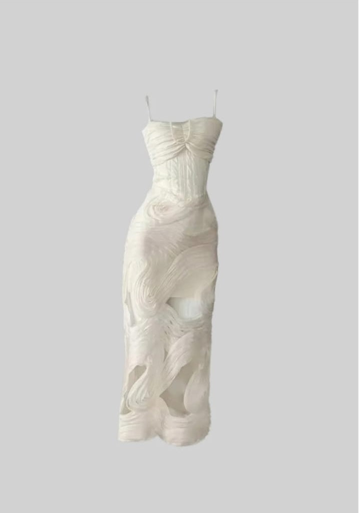 Sleeveless Evening Gown With Intricate Swirling Textures And Sheer Base Material - Ivoire