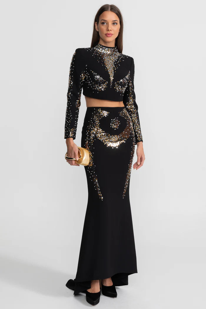 Embellished Co-Ord Set with Silver and Gold Sequin Detailing - Black