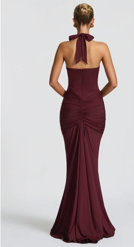 Aiglantine Burgundy Halterneck Ruched Maxi Dress