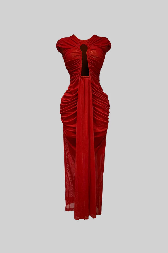 Draped Cut-Out Gown With Gathered Detailing – Red