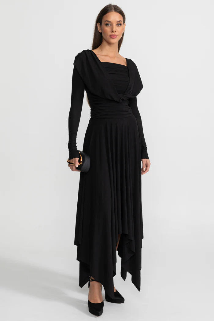 Draped Long-Sleeve Asymmetric Midi Dress – Black
