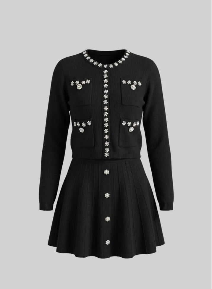 Knit Co-Ord Set With Long Sleeve Cardigan And Matching Mini Skirt - Black