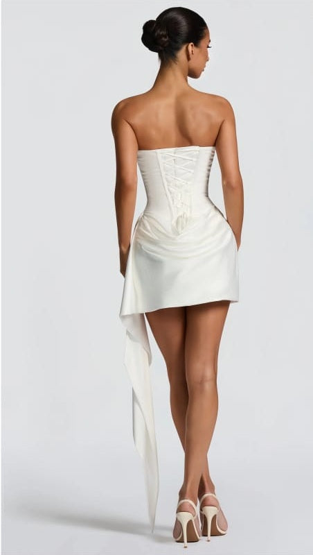 Zenina White Ruched Ribbon Detail Mini Dress-White