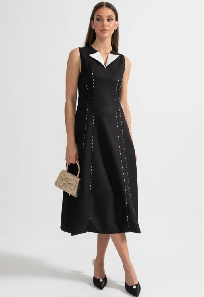 Contrasting Stitch Sleeveless Midi Dress With Oversized White Shoulders - Black