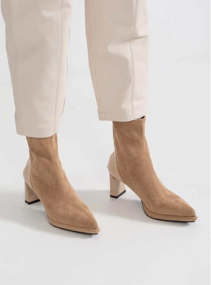 Glossy Heel Suede Ankle Boot - Beige