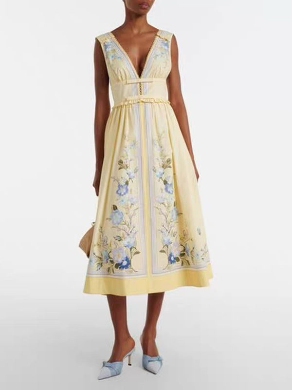 Floral Print Sleeveless V-Neck Backless Dress