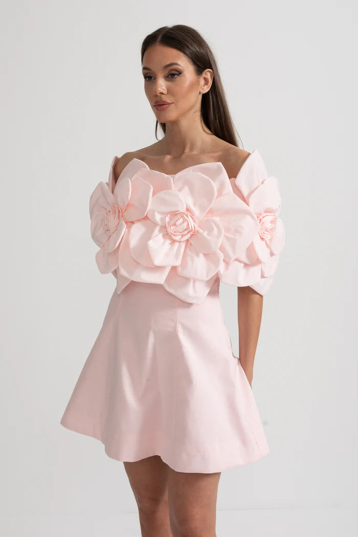 Off-Shoulder Mini Dress With Large Fabric Floral Accents