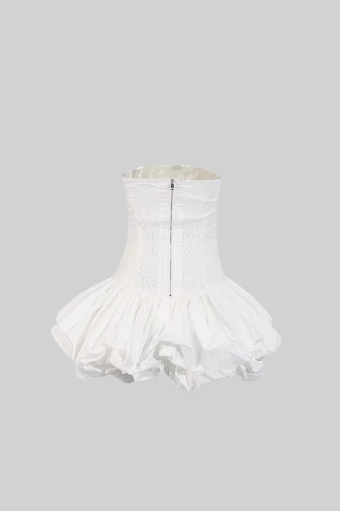 Mini Dress With Ruched Bodice And Voluminous Bubble Hem - White