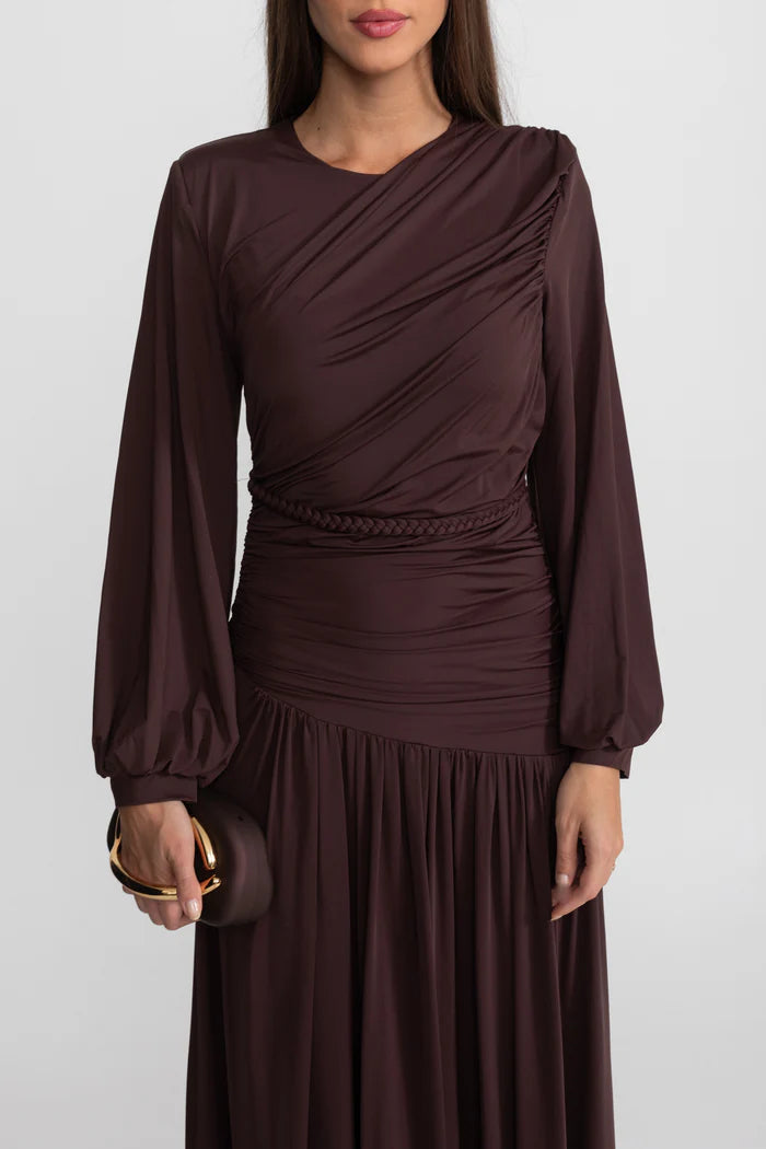 Draped Maxi Dress with Braided Waist Detail - Brown