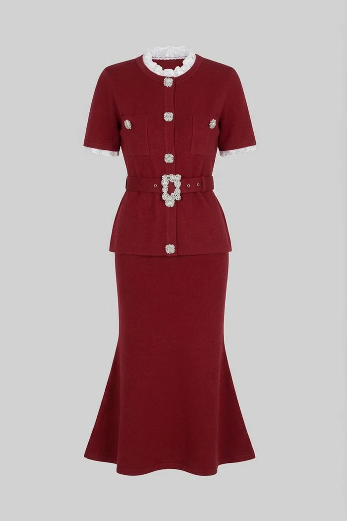 Short Sleeve Co-Ord With Peplum Waist And Crystal Button Belt - Burgundy