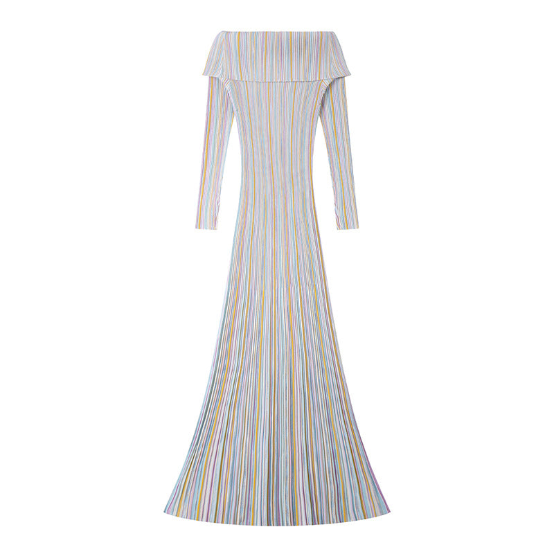 One-line neck long sleeve striped  dress
