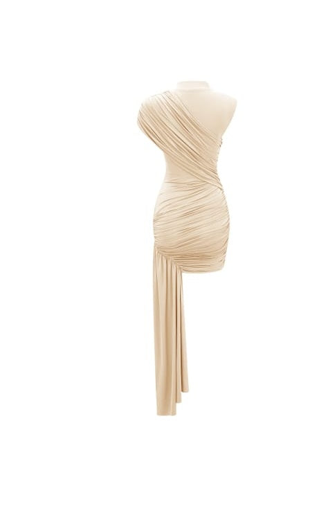Fée Neutral Asymmetrical Ruched Mini Dress