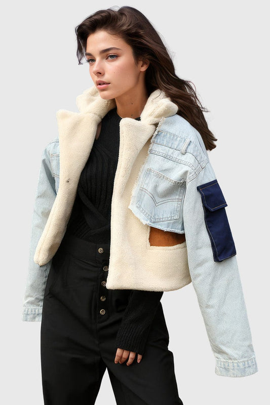 Fur Jacket with Denim  Blue Inserts