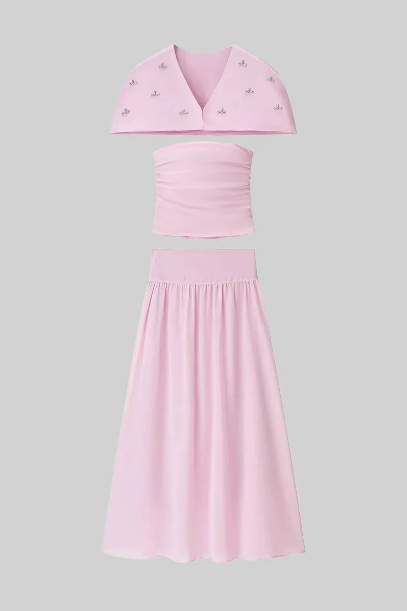 3-Piece Co-Ord Set With Ruched Top, Detachable Cape And Maxi Skirt - Pink
