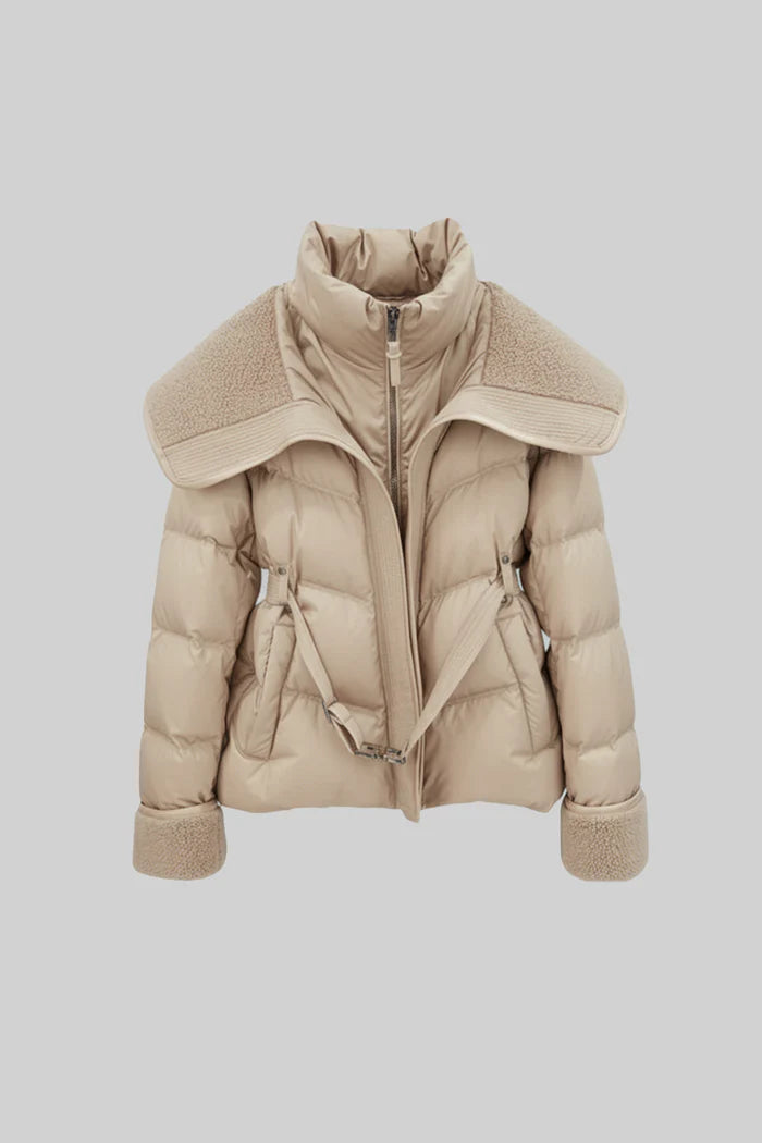 Puffer Jacket with Oversized Shearling Collar And Cuffs - Khaki