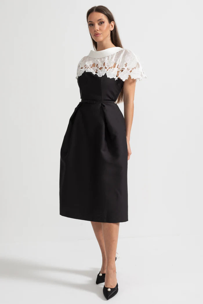 Elegant Midi Dress with Contrasting Floral Lace Cape Detail - Black