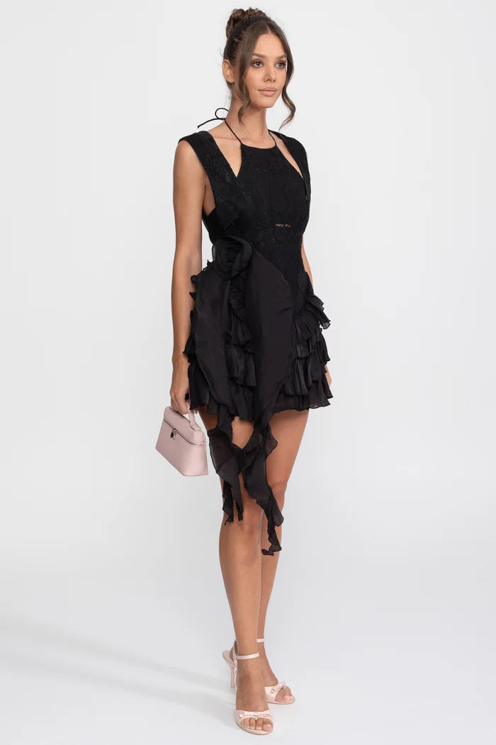 Lace Halter Rosette Mini Dress With Ruffle Skirt - Black
