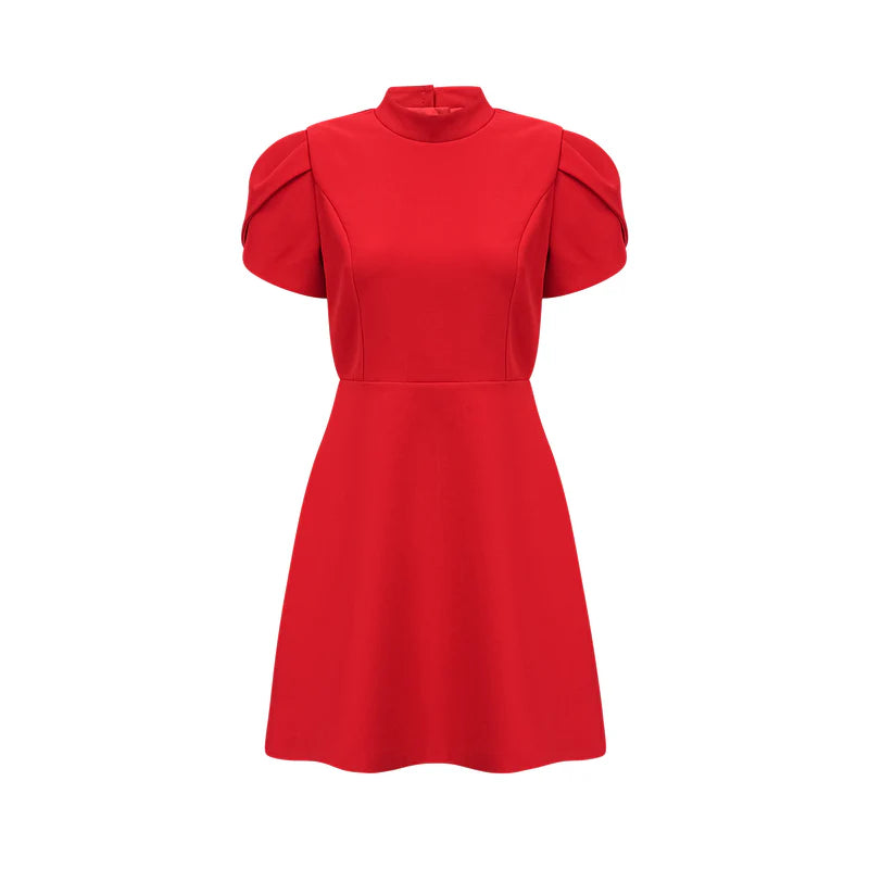 Anna Red Petal-Sheeve Cut-Out Bow Bow Robe