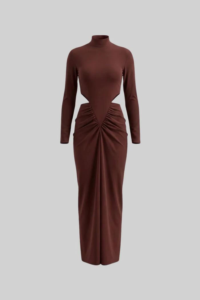 High Neck Maxi Dress With Long Sleeves And Waist Cut-Out Detail - Brown