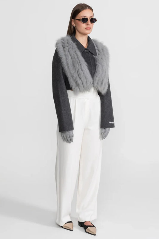 Wool Cropped Jacket with Fox Fur Collar – Charcoal Grey
