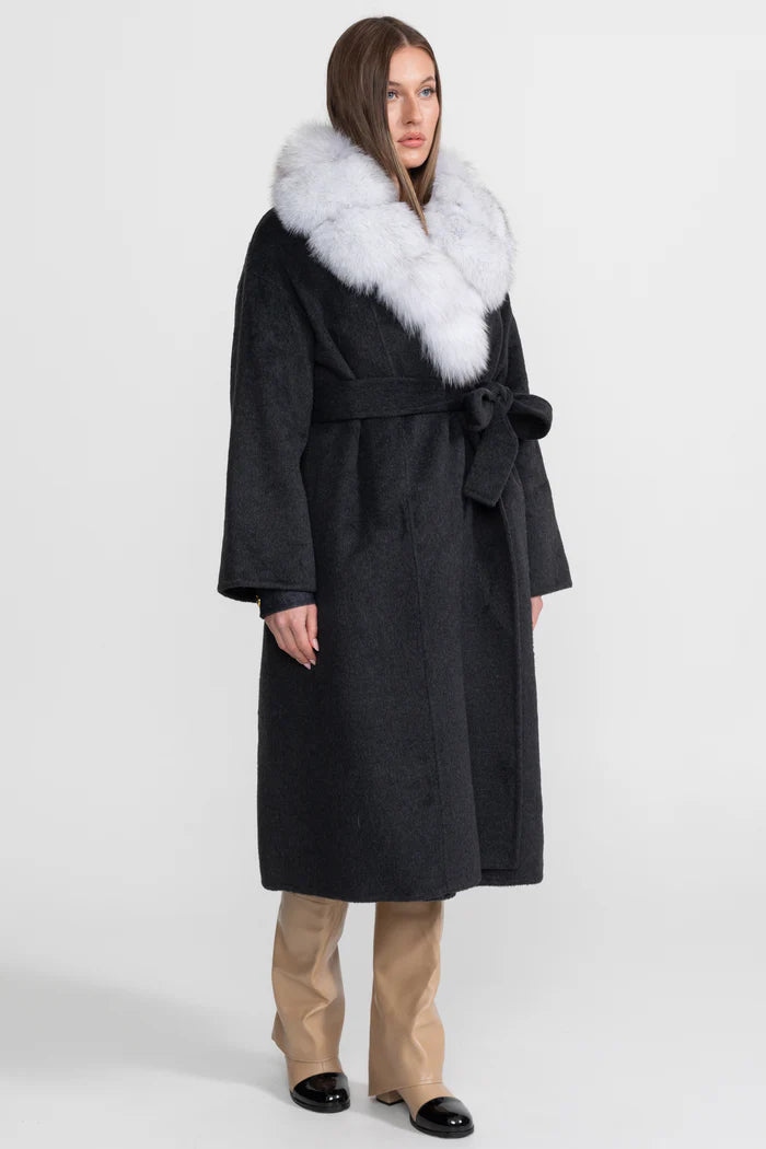 Wool Wrap Coat with Fox Fur Collar And Tie Belt – Black/Gray