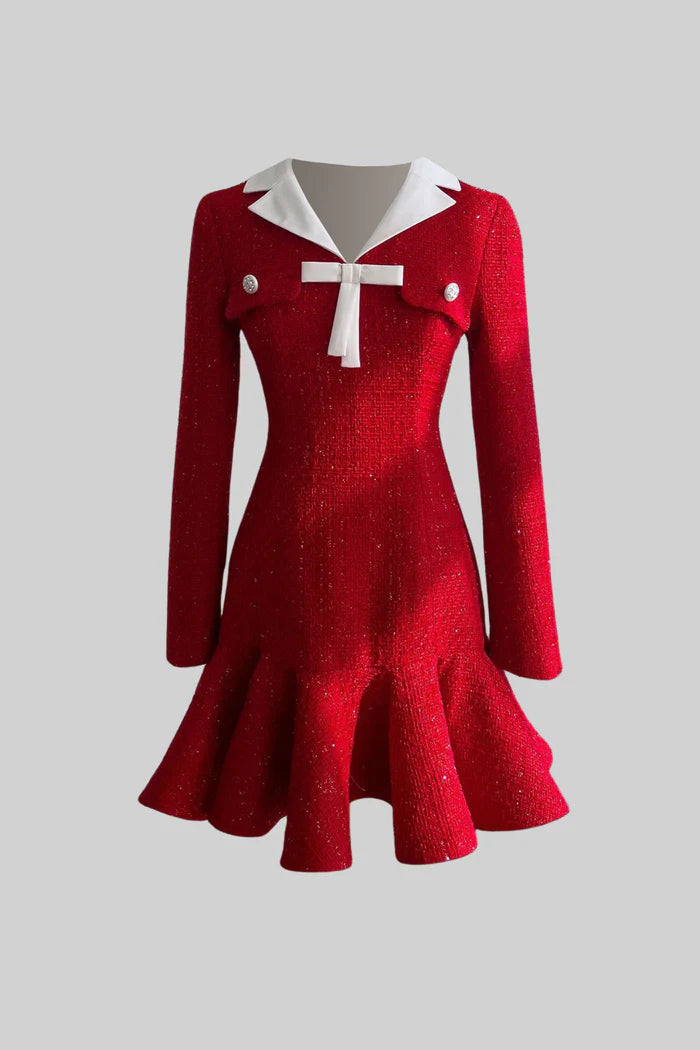 Tweed Fit-and-Flare Dress With Contrast Collar and Bow Detail – Red