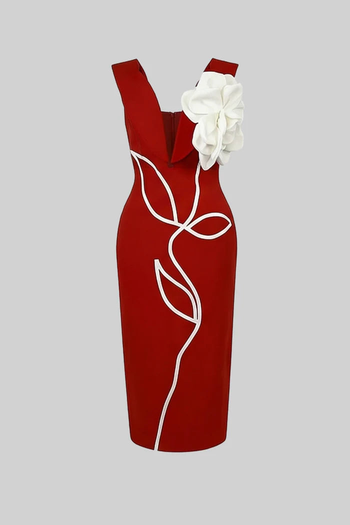 Structured Midi Dress with Sculpted Floral Accent – Red