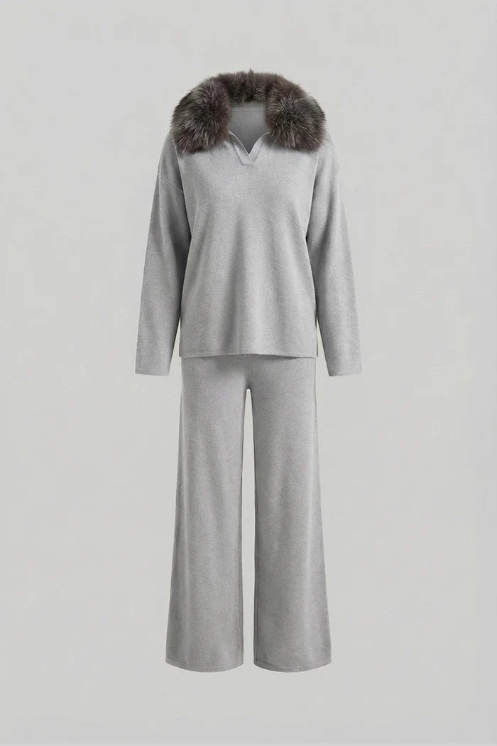 Knit Lounge Co-Ord Set with Fox Fur Collar – Grey