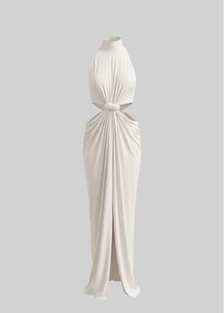 Long dress with high collar and halter neck with a cut-out tied at the waist - Ivory