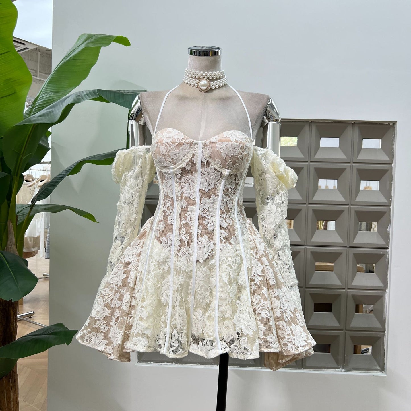 Fishbone Carved Lace Ultra-short dress