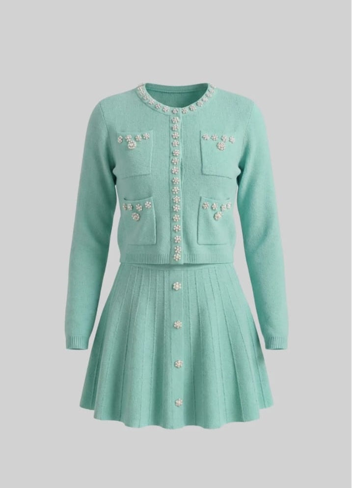 Knit Co-Ord Set With Long Sleeve Cardigan And Matching Mini Skirt -Blue