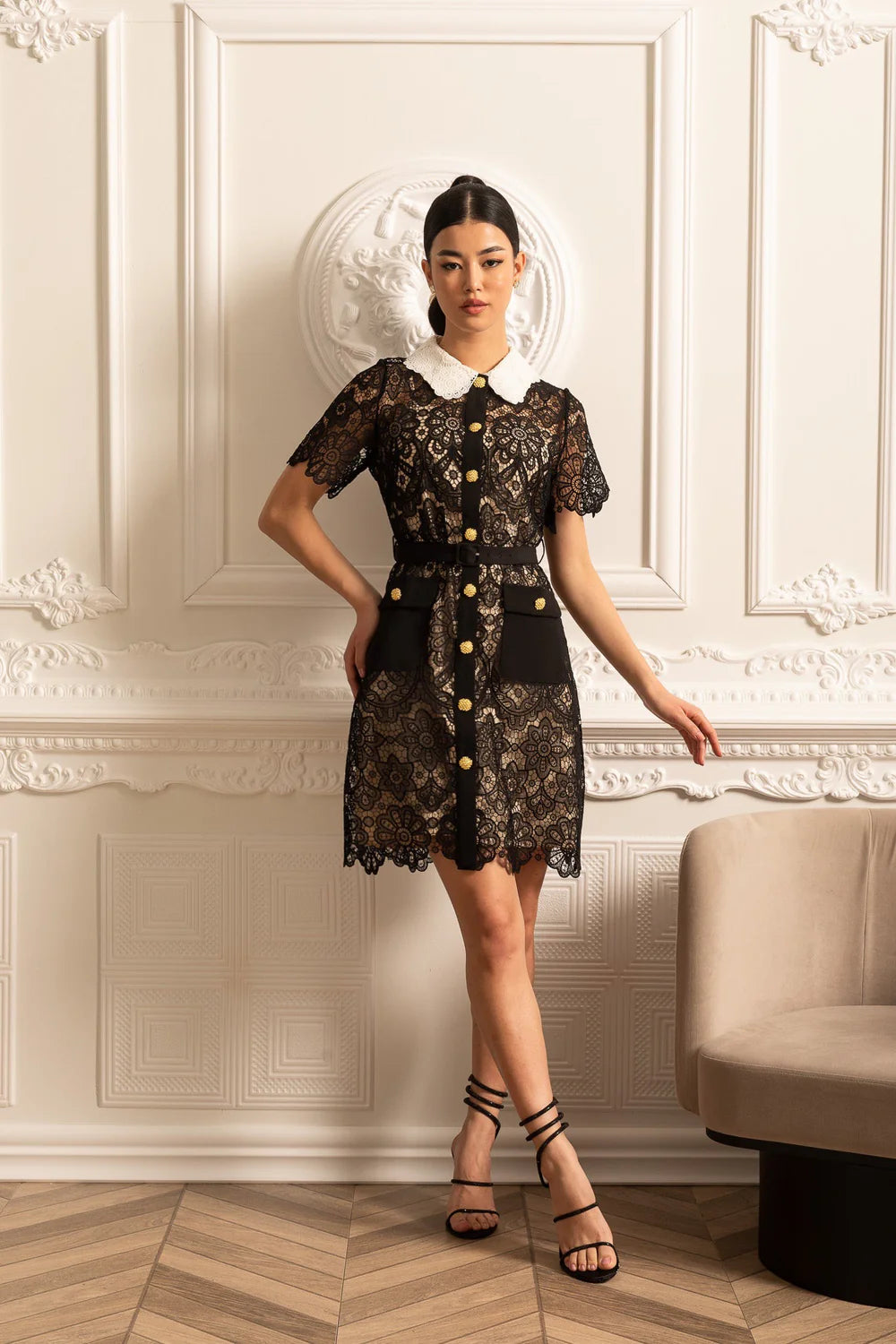 Floral Pattern Lace Dress With Short Sleeves And Contrasting Collar - Black