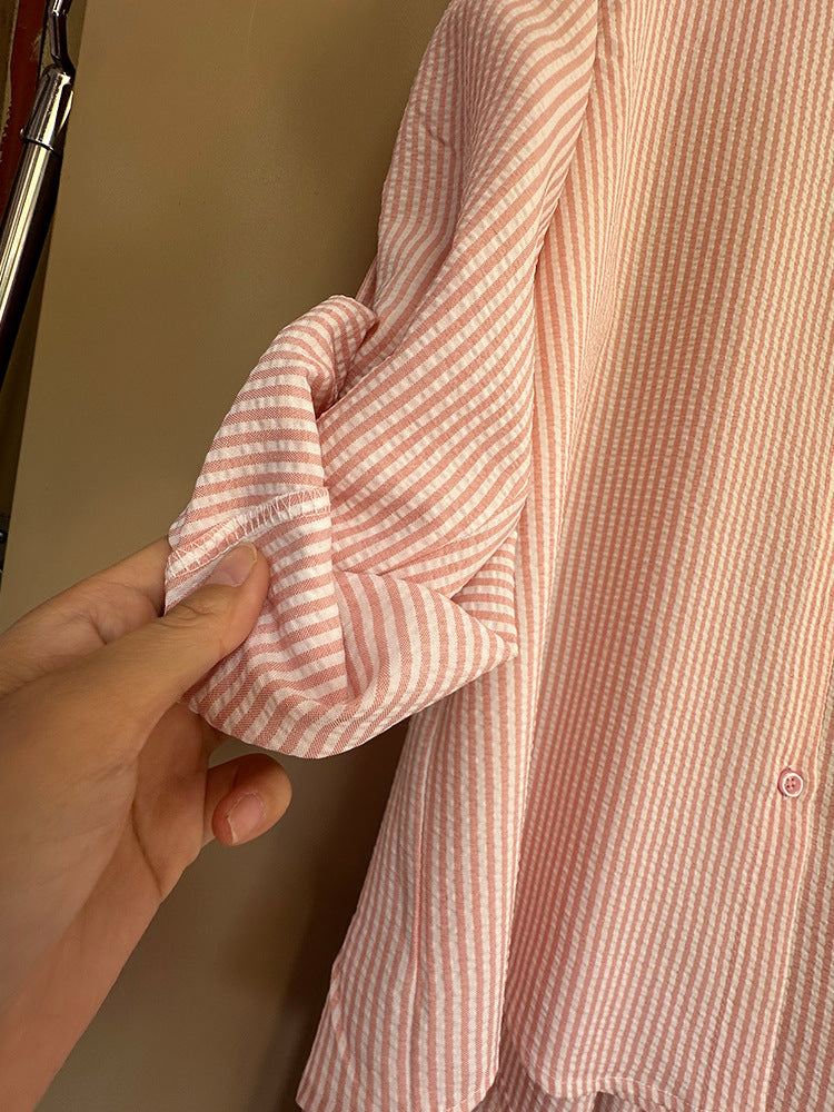 Ensemble de correspondance de chemises lâches en coton et en lin à rayures à rayures pour femmes