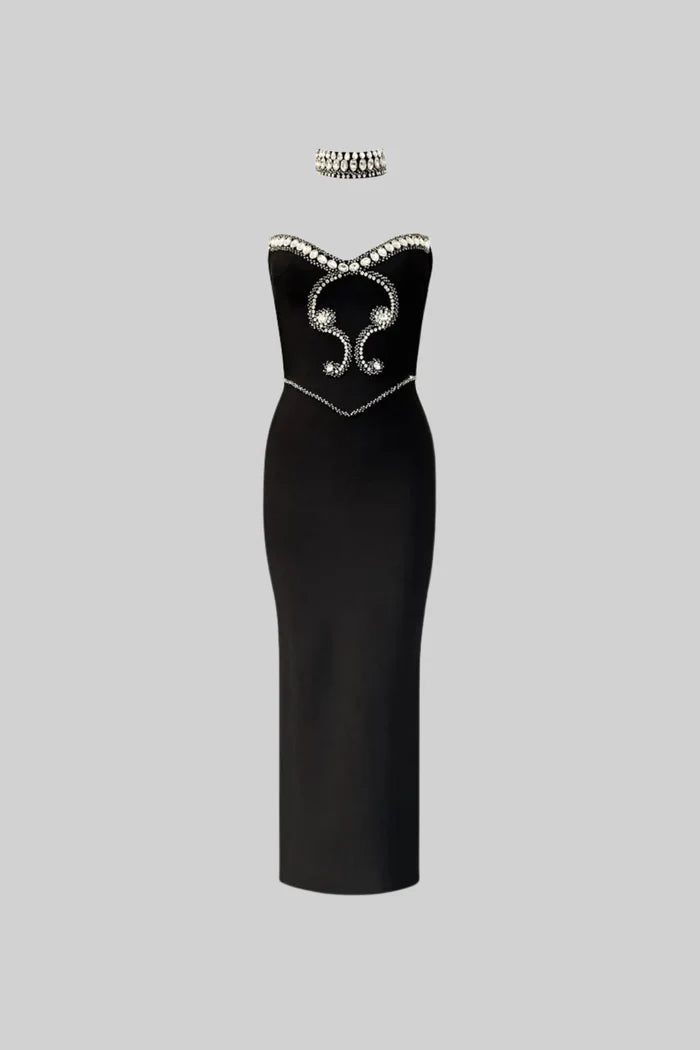 Crystal-Embellished Strapless Gown with Choker – Black