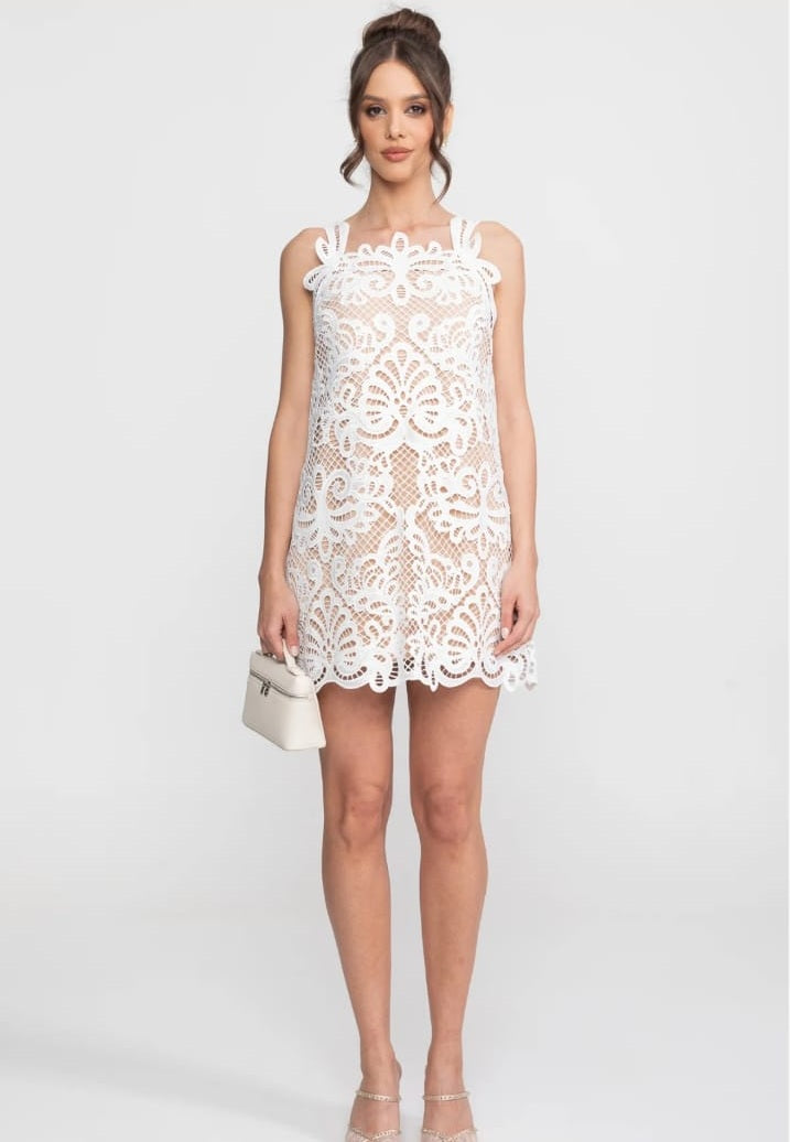 Guipure Lace Sleeveless Mini Dress With Scallop Hem - White