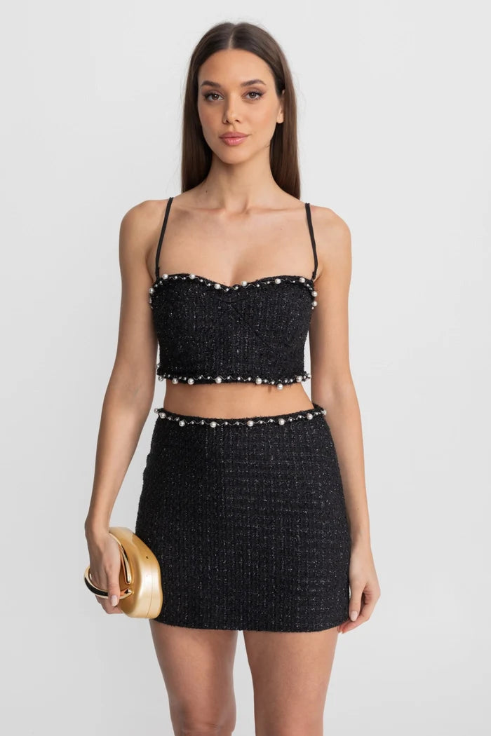Pearl-Trim Tweed Co-Ord Set with Cropped Bustier Top – Black
