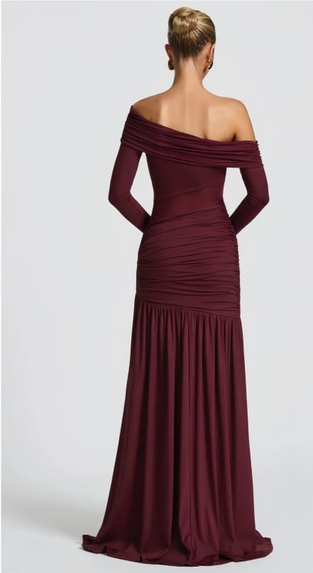Anastasia Burgundy One Shoulder Gathered Maxi Dress