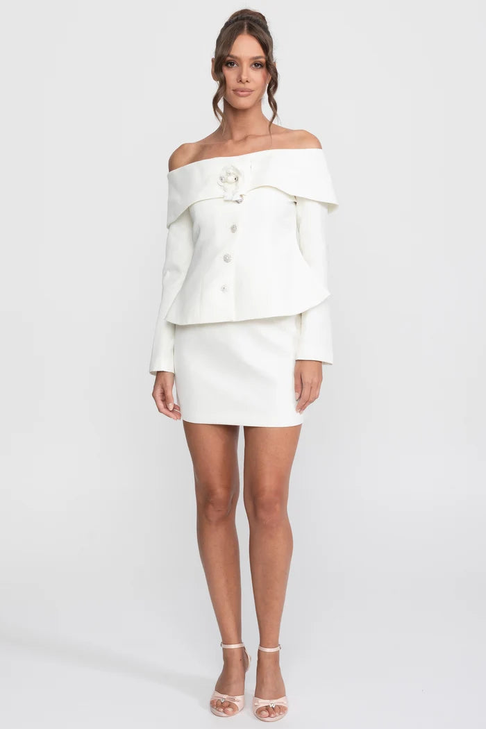 Elegant Co-ord Set With Off-Shoulder Peplum Top And Mini Skirt - White