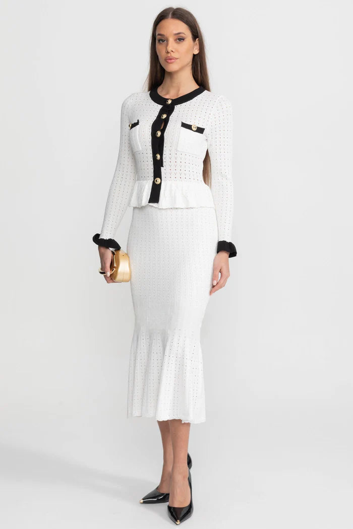 Pointelle Knit Midi Co-Ord with Contrast Trim – White