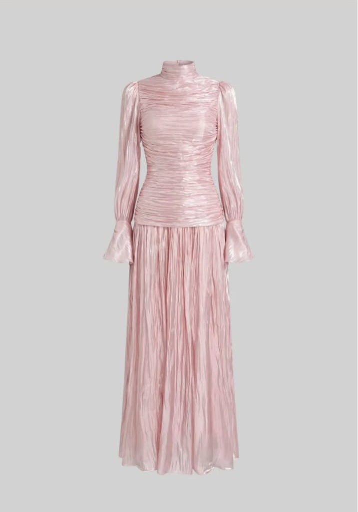 Long Ruched Long Sleeve Dress with Pleated Skirt - Blush Pink