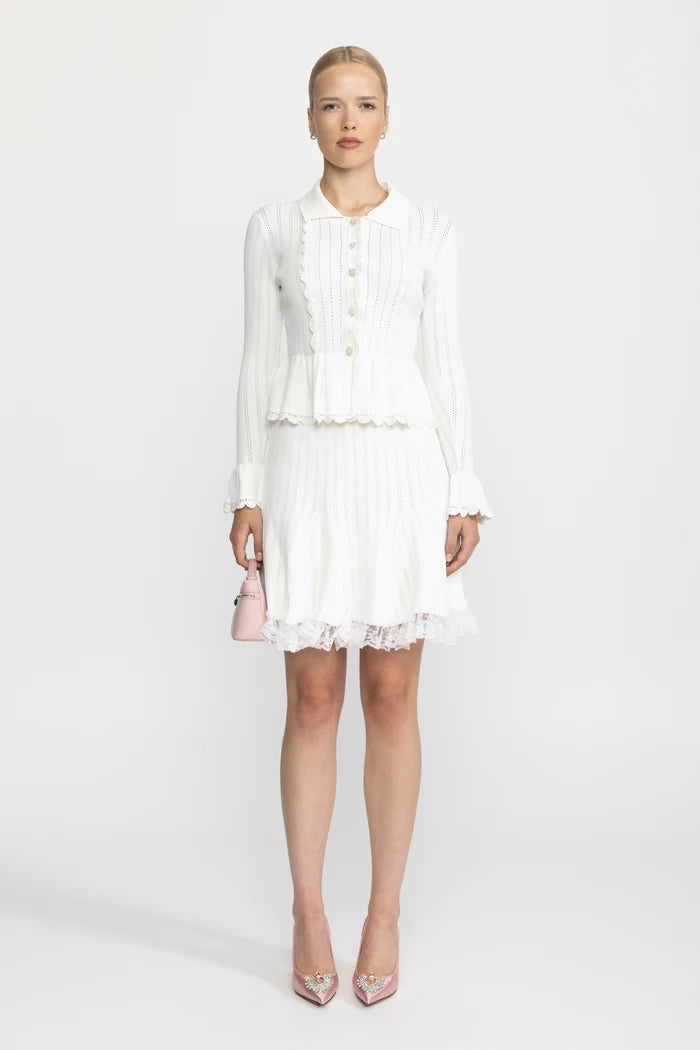Pointelle Knit Peplum Cardigan and Lace Hem Skirt Co-ord Set - White