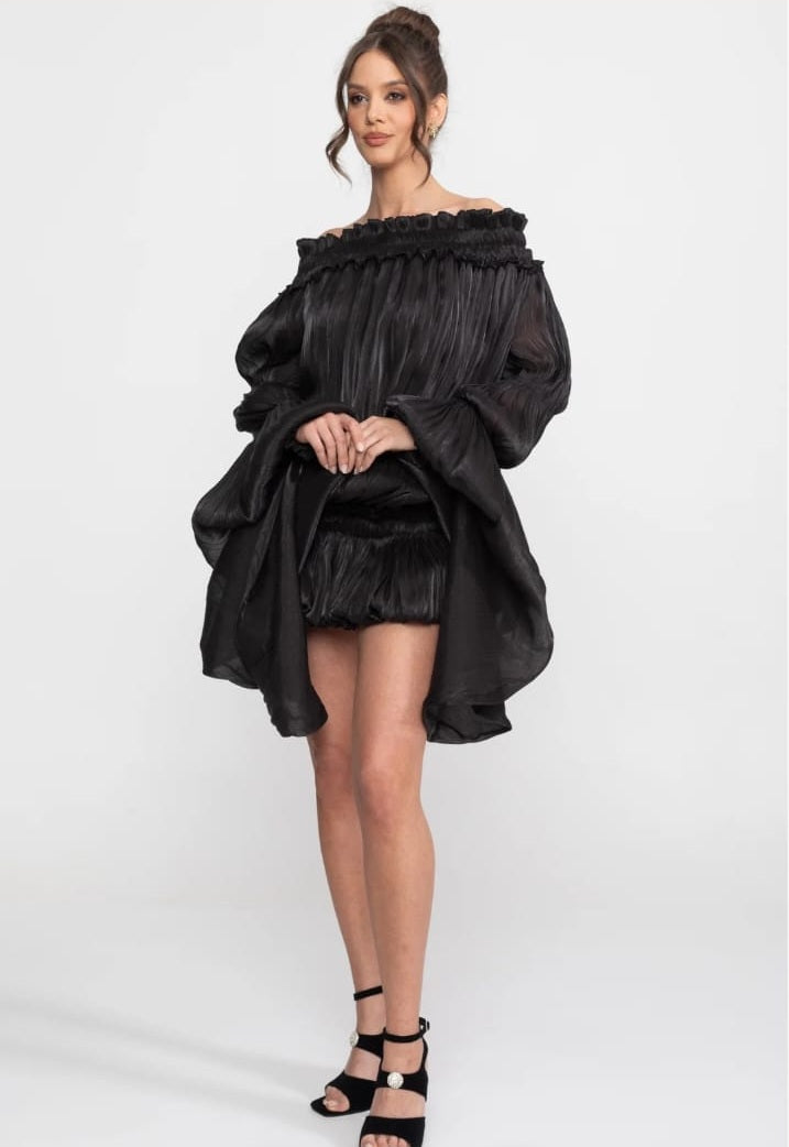 Off-Shoulder Ruffle Mini Dress With Draped Sleeves - Black