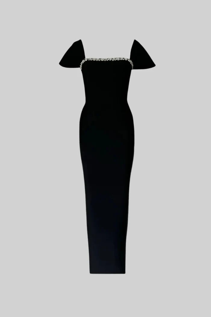Off-Shoulder Fitted Gown With Crystal Embellishments – Black