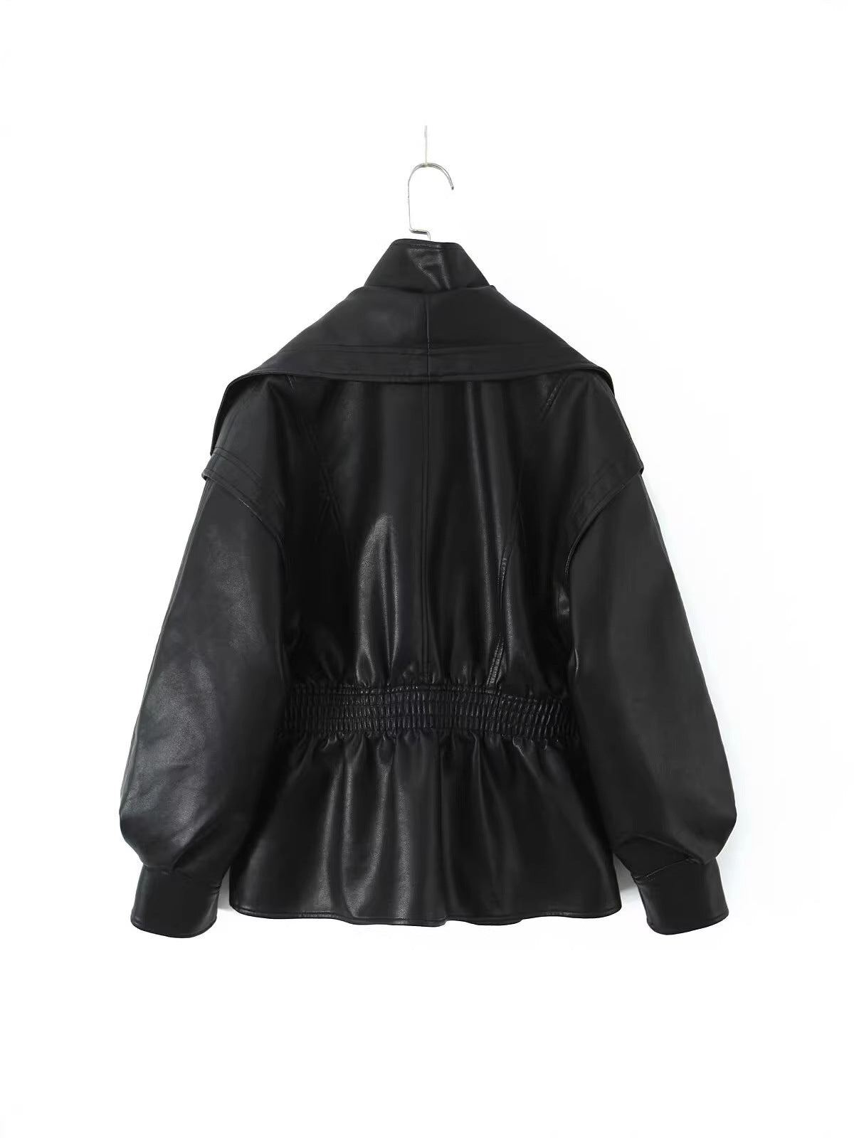 Double-Collar Elastic Waist  Leather  Coat