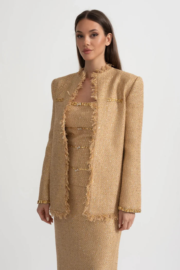 Textured Tweed Overcoat With Intricate Sequin Embellishments And Fringe Trim Accents - Gold