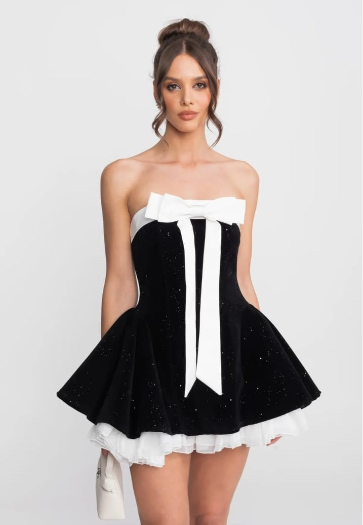 Strapless Velvet Mini Dress With Satin Bow And Ruffle Hem - Black