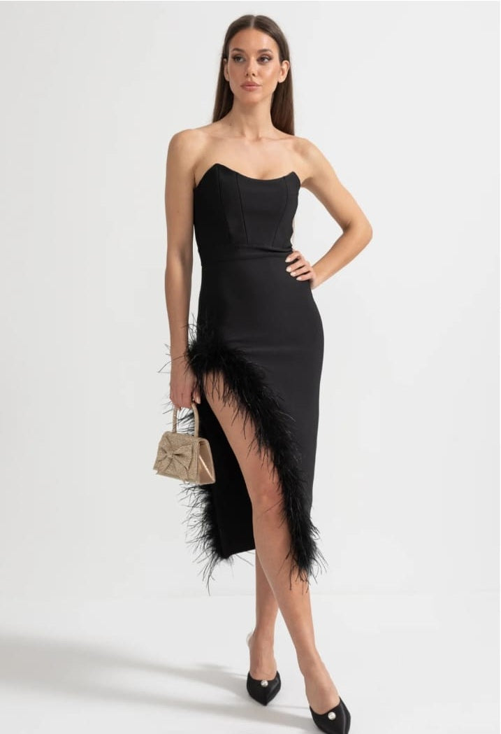 Strapless Feather-Trimmed Dress With Fitted Bodice And Asymmetrical Hemline - Black