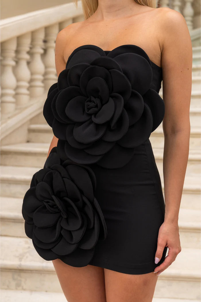 Voluminöses Blumendesign Mini -Kleid - schwarz